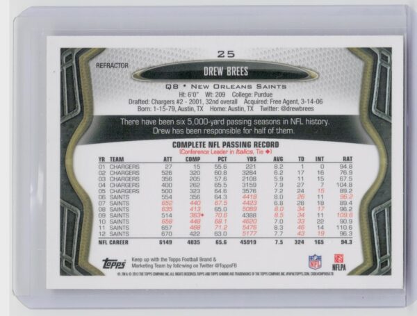 2013 Topps Chrome Drew Brees Orange Refractors #25 Saints - Image 3