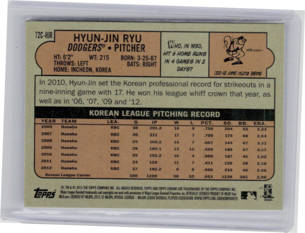 2013 Topps Chrome Hyun-Jin Ryu #72C-HJR Dodgers 1972 Chrome - Image 3