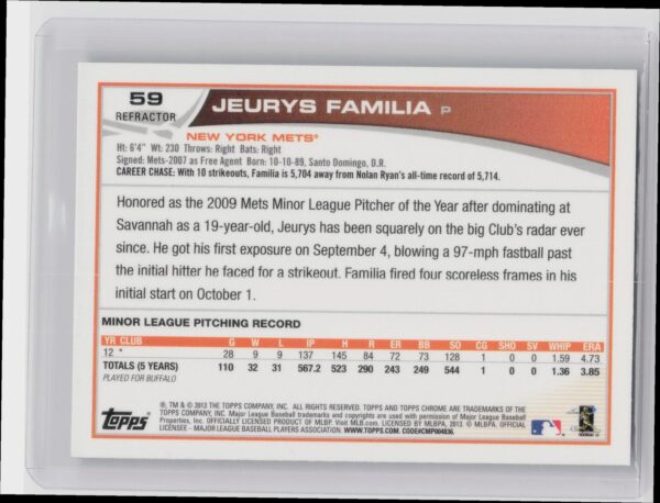 2013 Topps Chrome Jeurys Familia Purple Refractors #59 Mets - Image 3