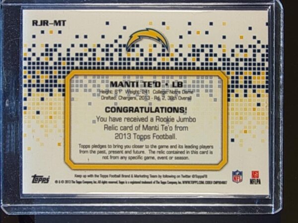2013 Topps Manti Te'o JSY #RJR-MT Chargers Rookie Jumbo Relic - Image 3