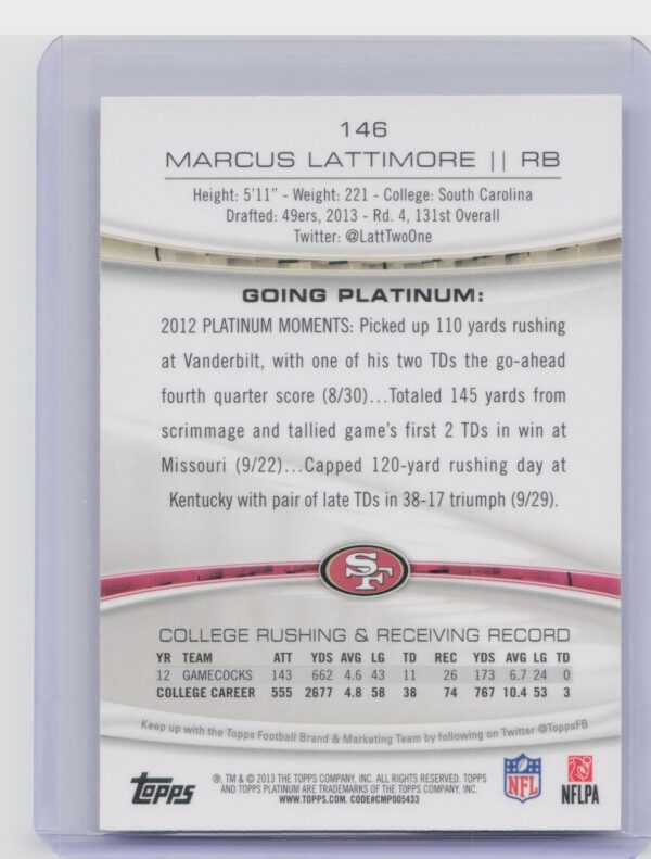 2013 Topps Platinum Marcus Lattimore Black Refractors #146 49ers - Image 3