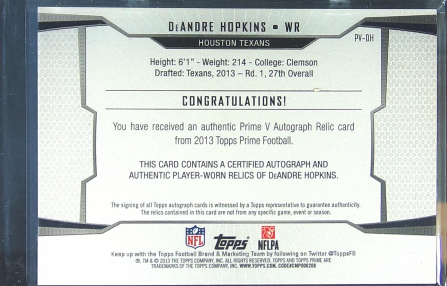 2013 Topps Prime DeAndre Hopkins Auto /10 JSY RC #PV-DH Relic Level 5 Silver - Image 3