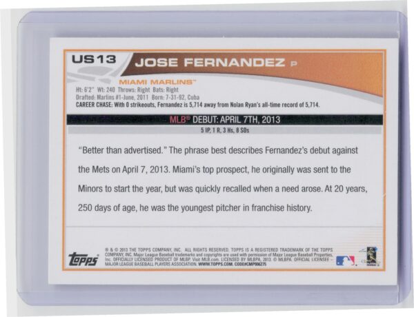 2013 Topps Update Jose Fernandez RC #US13 Marlins - Image 3