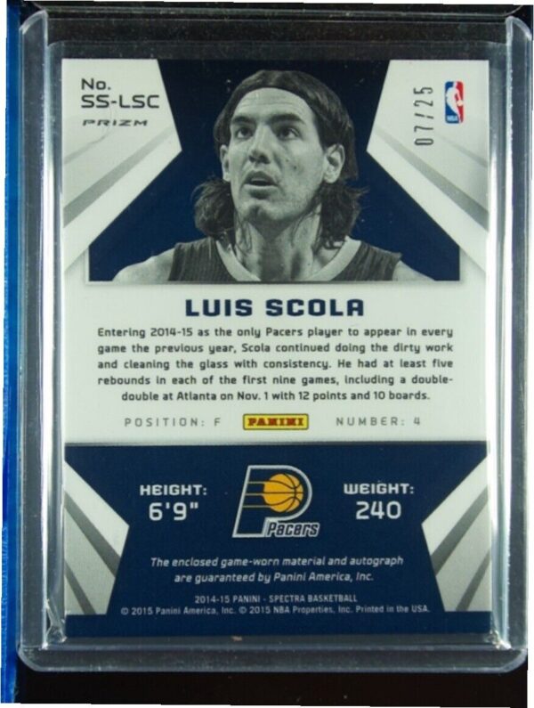 2014-15 Panini Spectra Luis Scola AU SN25 MEM #SS-LSC Pacers Spectacular Swatche - Image 3