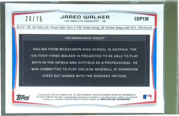 2014 Bowman Draft Jared Walker Chrome Black Refractors /75 #CDP130 Dodgers - Image 3