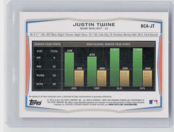 2014 Bowman Draft Justin Twine AU #BCA-JT Marlins Chrome Draft Pick Autographs - Image 3