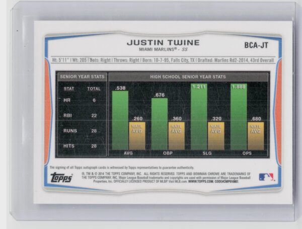 2014 Bowman Draft Justin Twine AU #BCA-JT Marlins Chrome Draft Pick Autographs - Image 3