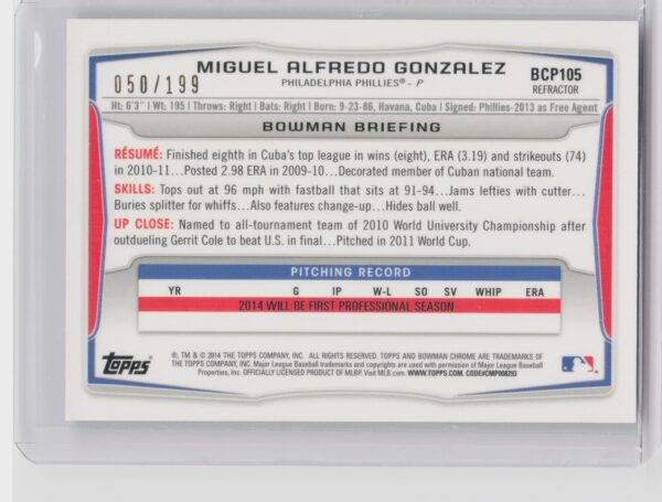 2014 Bowman Miguel Alfredo Gonzalez /199 #BCP105 Phillies Chrome Prospects Purp - Image 3
