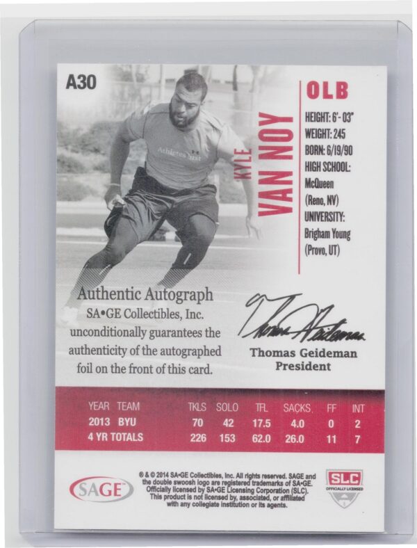 2014 SAGE HIT Kyle Van Noy AU SN250 #A30 Cougars Autographs Gold - Image 3