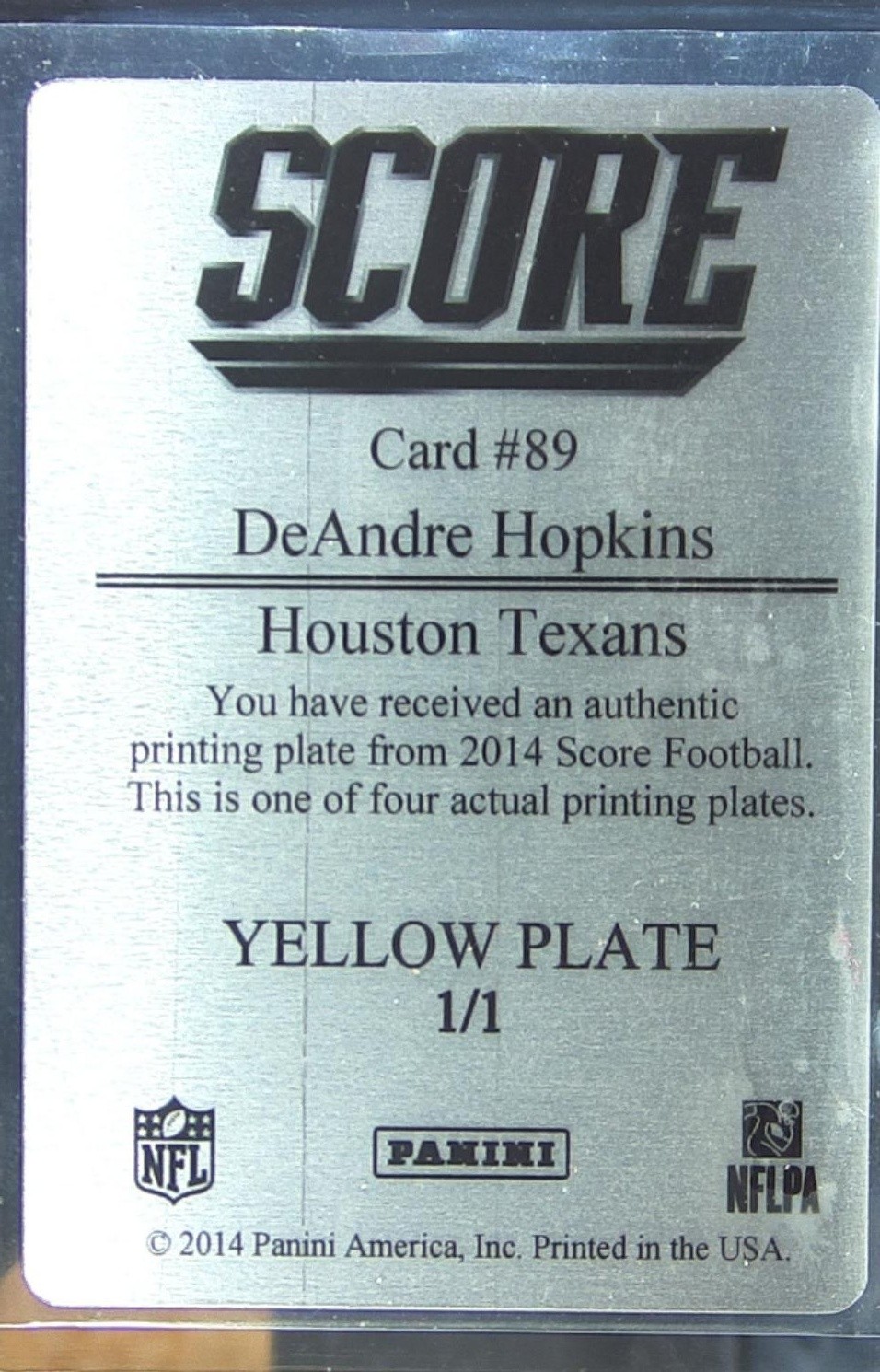 2014 Score DeAndre Hopkins Printing Plates Yellow 1/1 #89 Texans - Image 3