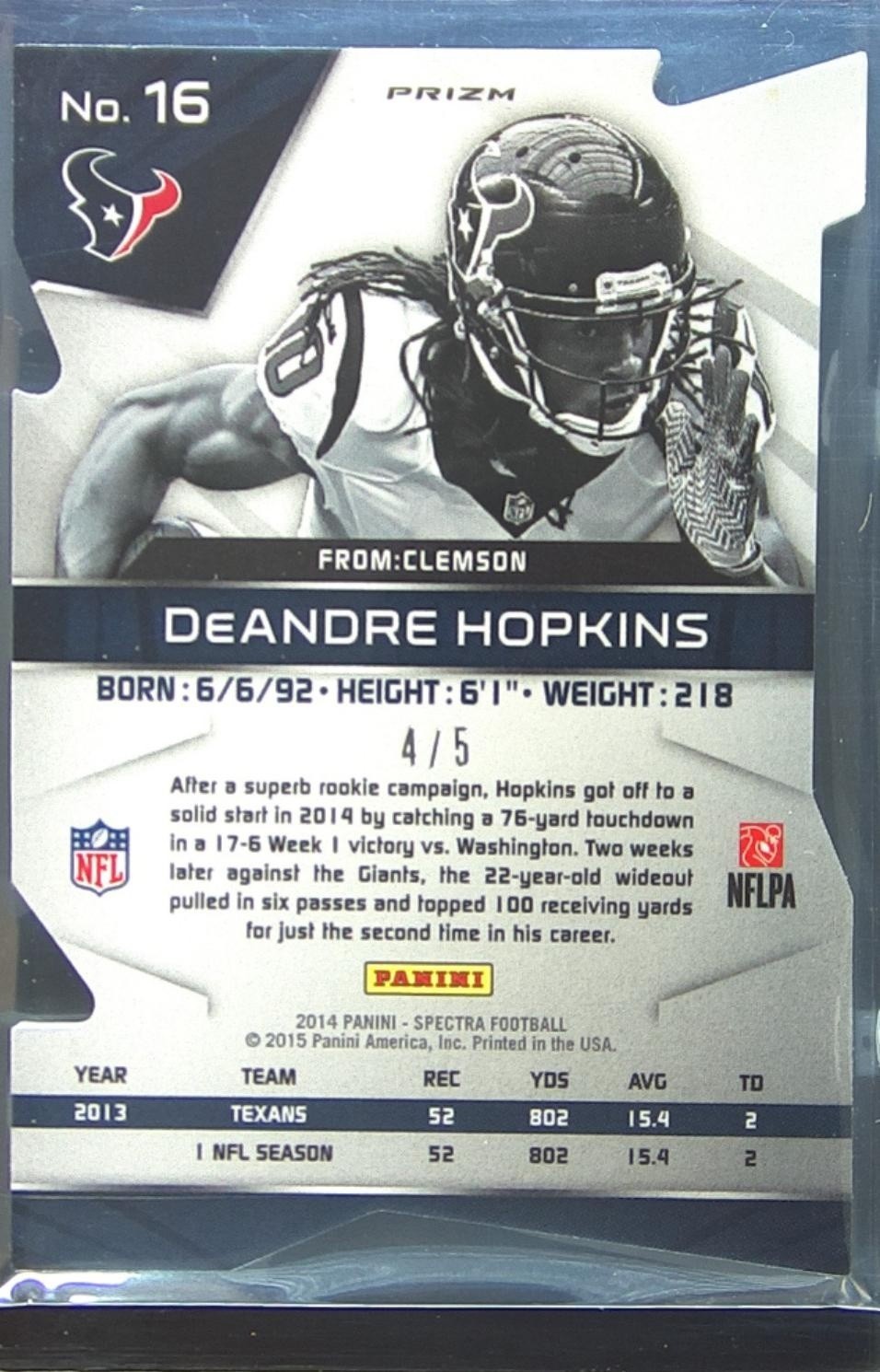 2014 Spectra DeAndre Hopkins /5 #16 Texans Prizms Red Die Cut - Image 3
