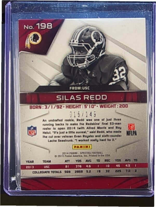 2014 Spectra Silas Redd /149 RC #198 Redskins - Image 3