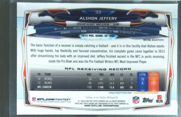 2014 Topps Chrome Alshon Jeffery Orange Refractors #33 Bears - Image 3