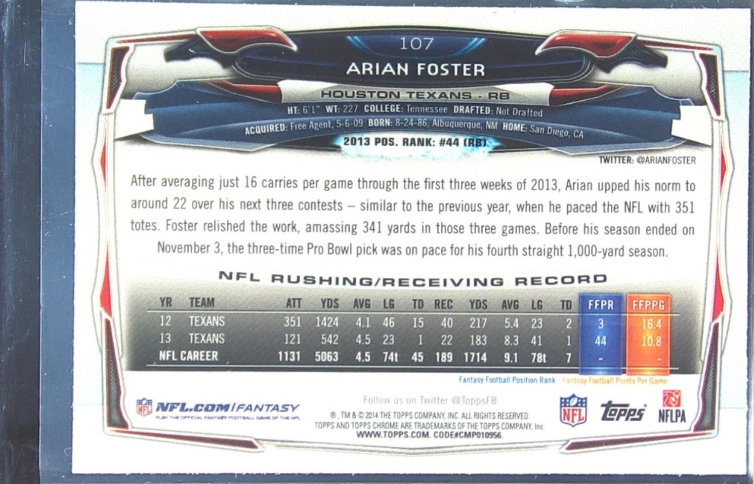 2014 Topps Chrome Arian Foster Blue Wave Refractor #107 Texans - Image 3