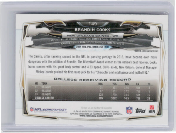 2014 Topps Chrome Brandin Cooks Refractor #149 Saints - Image 3