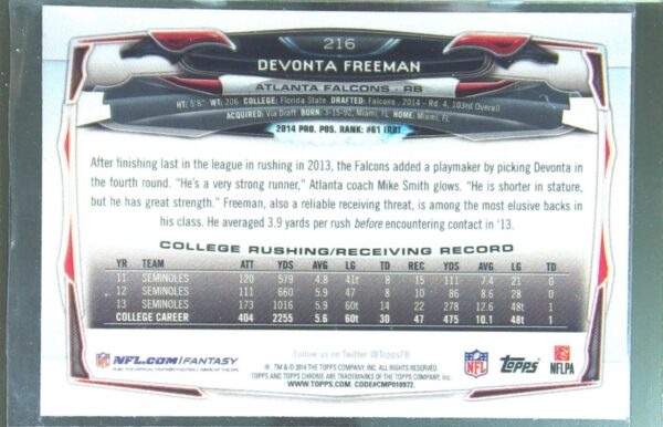 2014 Topps Chrome Devonta Freeman Refractor RC #216 Falcons - Image 3