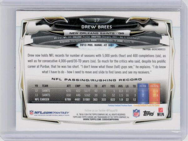 2014 Topps Chrome Drew Brees Refractor #17 Saints - Image 3