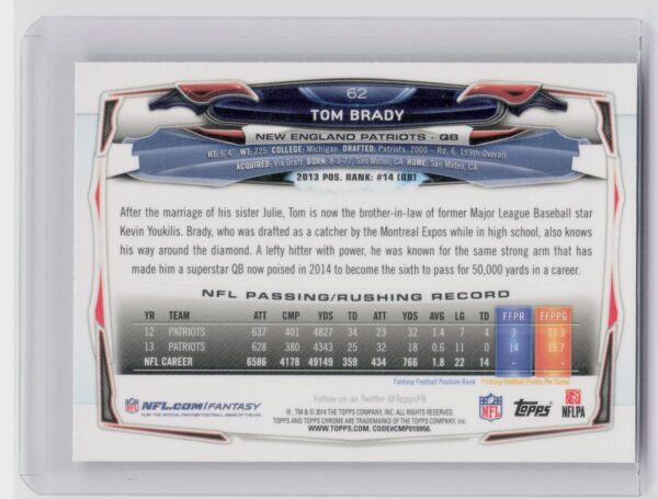 2014 Topps Chrome Tom Brady #62 Patriots - Image 3