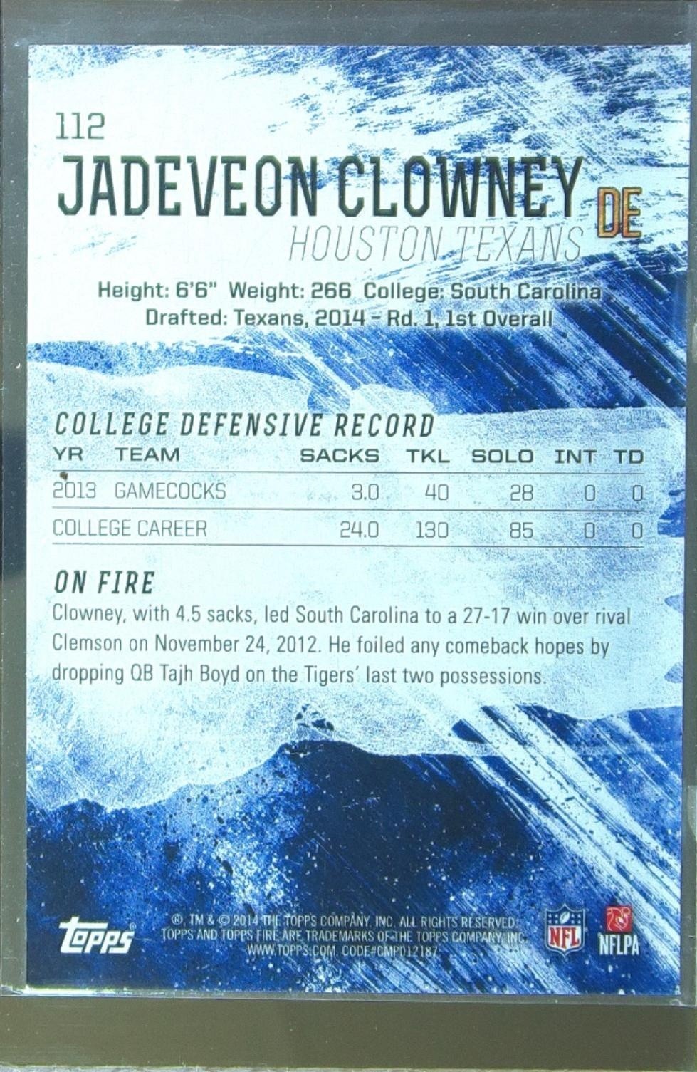 2014 Topps Fire Jadeveon Clowney RC #112 Texans - Image 3