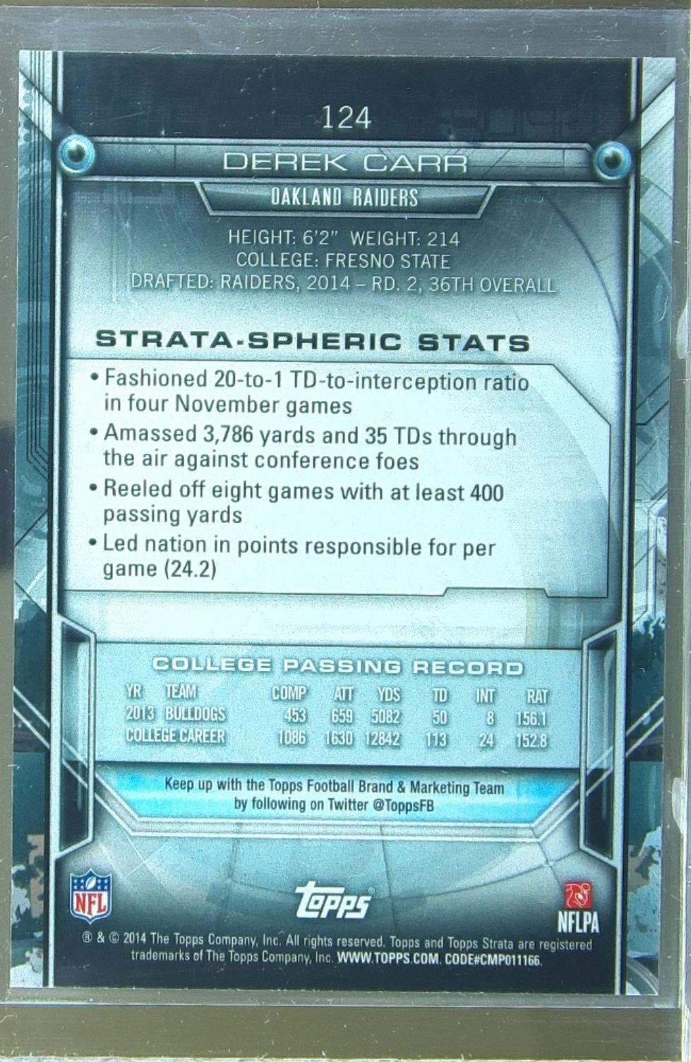2014 Topps Strata Derek Carr RC #124 Raiders - Image 3