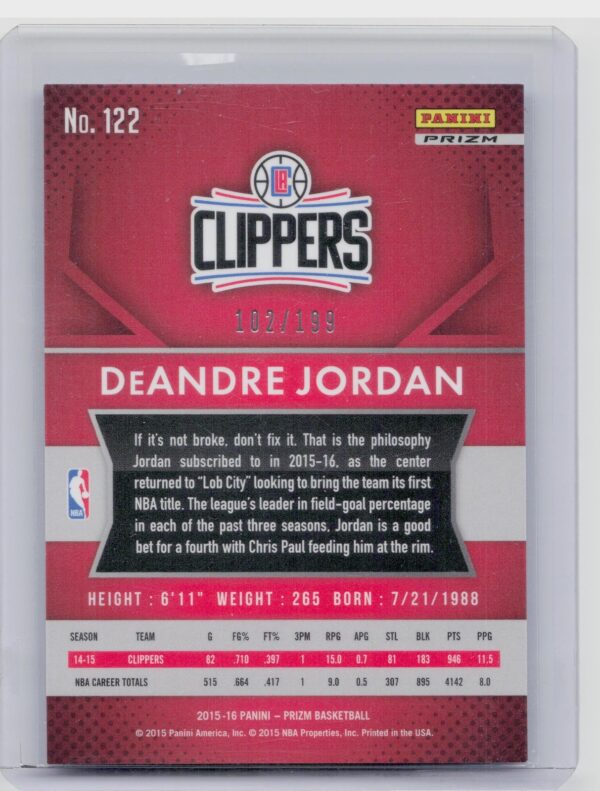 2015-16 Prizm DeAndre Jordan Light Blue Prizms /199 #122 Clippers - Image 3