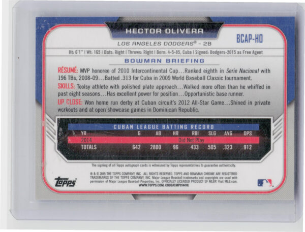 2015 Bowman Chrome Hector Olivera AU #BCAP-HO Dodgers Prospect Autographs - Image 3