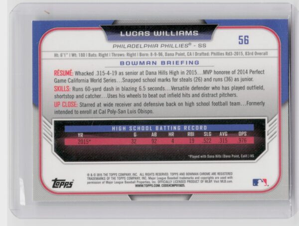 2015 Bowman Draft Lucas Williams Chrome Refractors #56 Phillies - Image 3