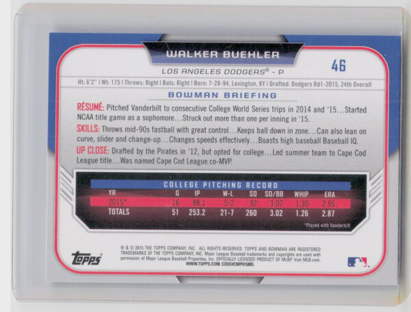 2015 Bowman Draft Walker Buehler Chrome #46 Dodgers - Image 3