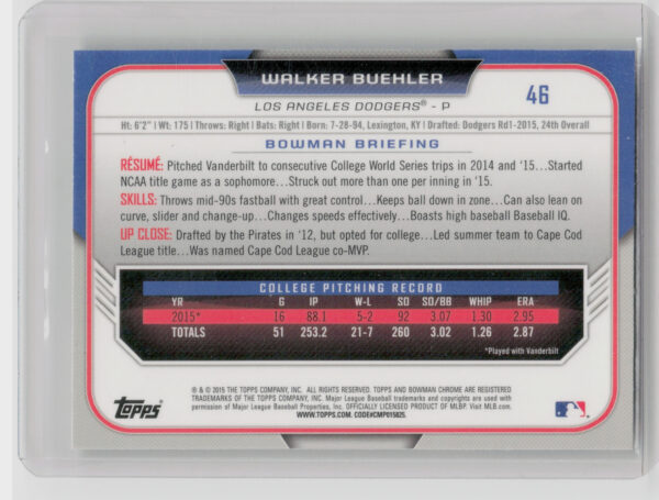 2015 Bowman Draft Walker Buehler Chrome #46 Dodgers - Image 3
