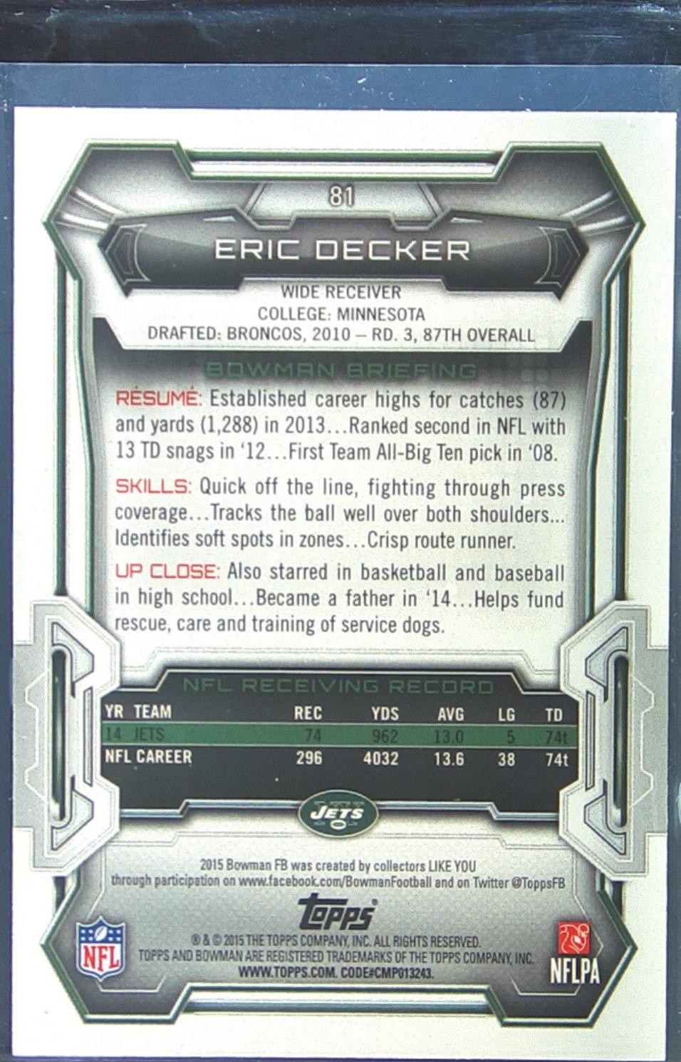 2015 Bowman Eric Decker Veterans Rainbow Silver Ice #81 Jets - Image 3