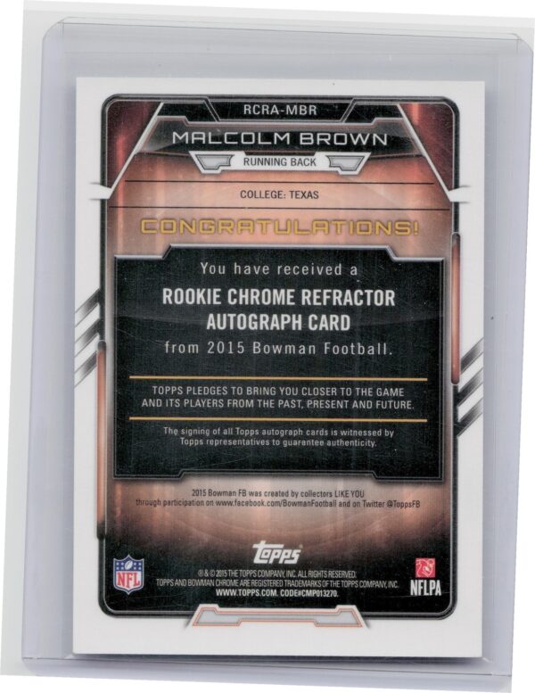 2015 Bowman Malcolm Brown AU #RCRA-MBR Longhorns Rookie Chrome Refractor Autogra - Image 3