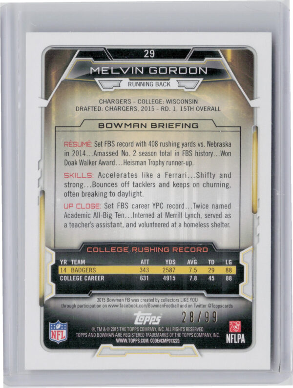 2015 Bowman Melvin Gordon Rookies Rainbow Electric Yellow SN99 #29 Chargers - Image 3