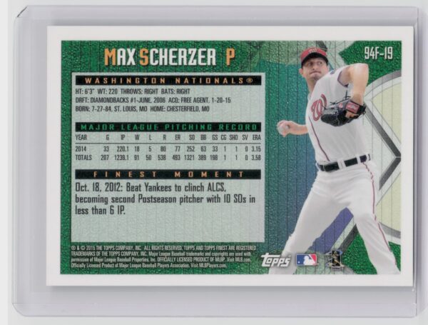 2015 Finest Max Scherzer #94F-19 Nationals 1995 Finest - Image 3