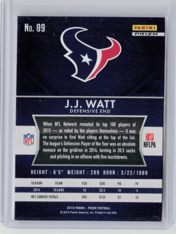 2015 Panini Prizm J.J. Watt Red Prizm #99 Texans - Image 3