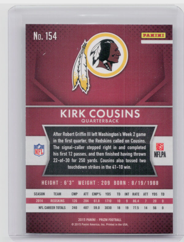 2015 Panini Prizm Kirk Cousins #154 Redskins - Image 3