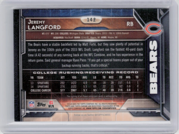 2015 Topps Chrome Jeremy Langford AU #142 Bears Rookie Autographs - Image 3