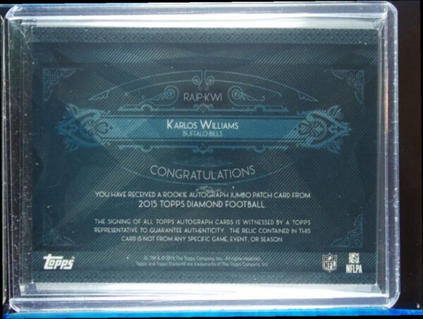 2015 Topps Diamond Karlos Williams AU SN50 MEM #RAJP-KWI Bills Rookie Autograph - Image 3