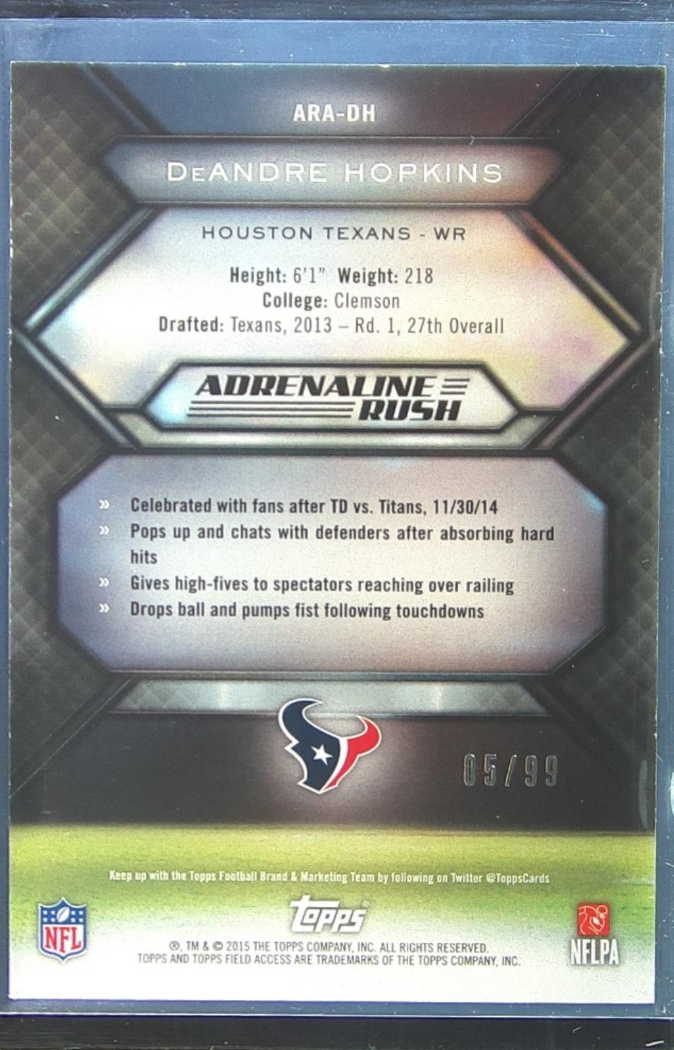 2015 Topps Field Access DeAndre Hopkins /99 #ARA-DH Texans Adrenaline Rush Blue - Image 3