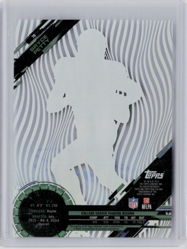2015 Topps High Tek Bryce Petty #76 Jets Autographs - Image 3
