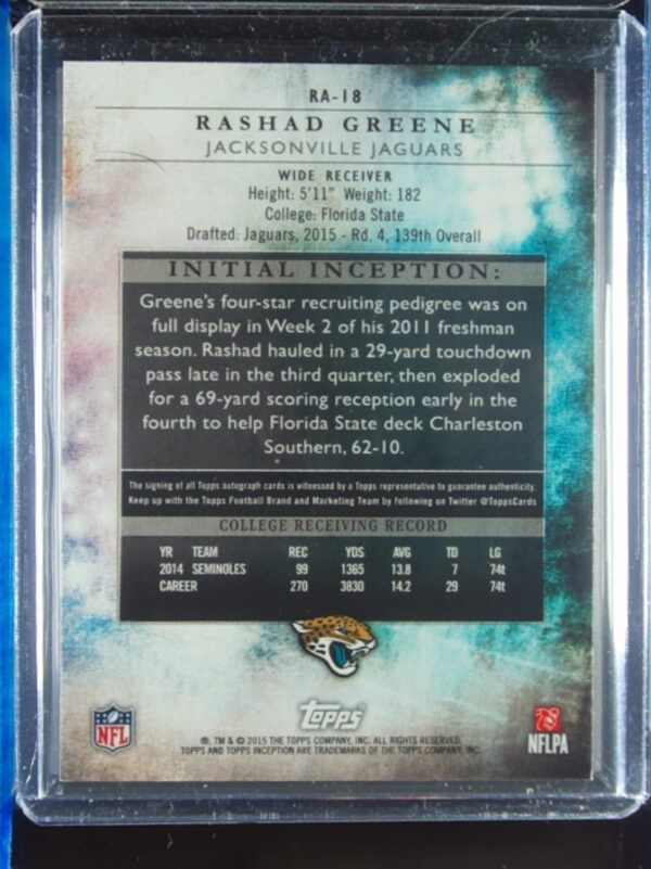 2015 Topps Inception Rashad Greene AU SN75 #RA-18 Jaguars Rookie Autographs Red - Image 3