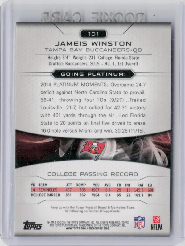 2015 Topps Platinum Jameis Winston RC #101 Buccaneers - Image 3