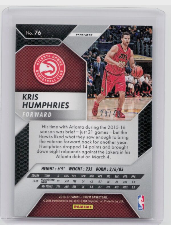 2016-17 Prizm Kris Humphries Orange Prizms /49 #76 Hawks - Image 3