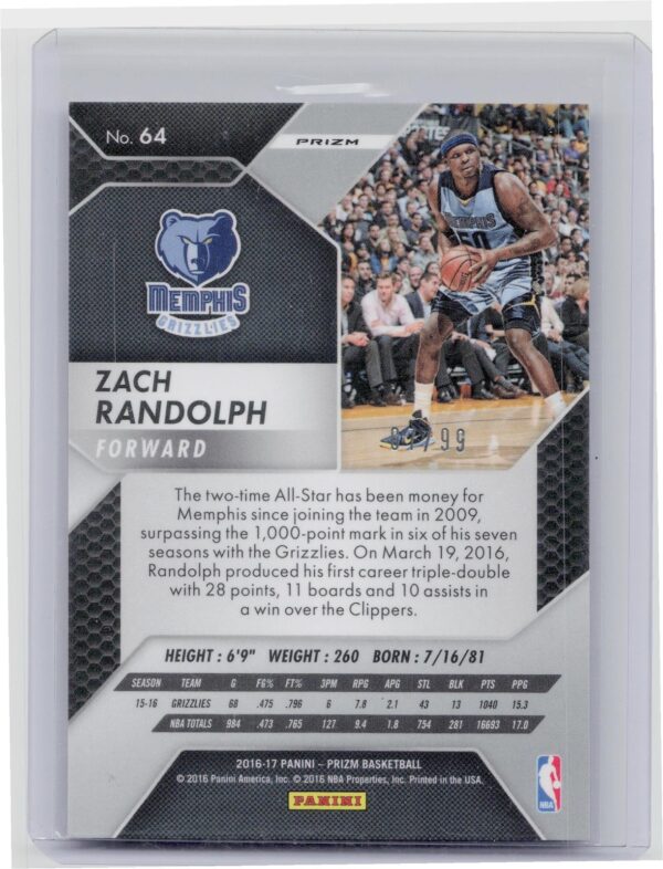 2016-17 Prizm Zach Randolph Blue /99 #64 Grizzlies - Image 3