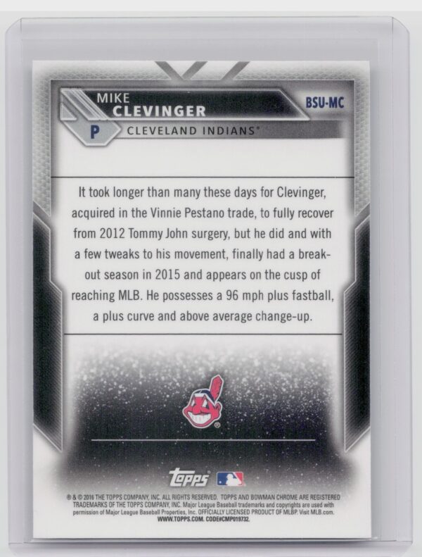 2016 Bowman Chrome Mike Clevinger #BSU-MC Indians Scouts' Top 100 Updates - Image 3