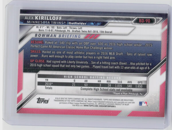2016 Bowman Draft Alex Kirilloff #BD-90 Twins - Image 3
