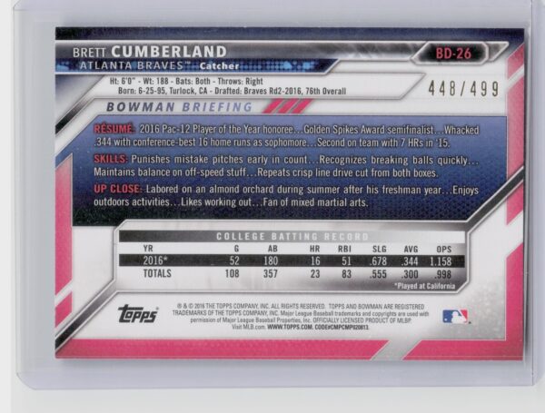 2016 Bowman Draft Brett Cumberland /499 #BD-26 Braves - Image 3