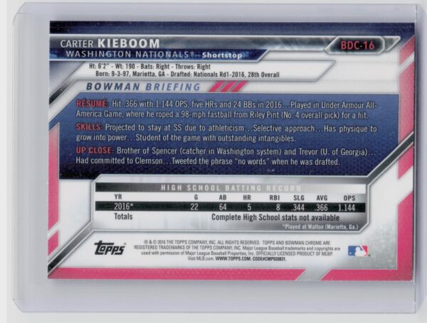 2016 Bowman Draft Carter Kieboom Chrome #BDC-16 Nationals - Image 3