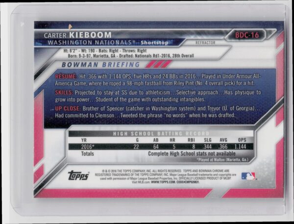 2016 Bowman Draft Carter Kieboom Chrome Refractor #BDC-16 Nationals - Image 3