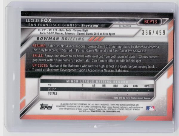 2016 Bowman Lucius Fox SN499 #BCP13 Giants Chrome Prospects Refractor - Image 3