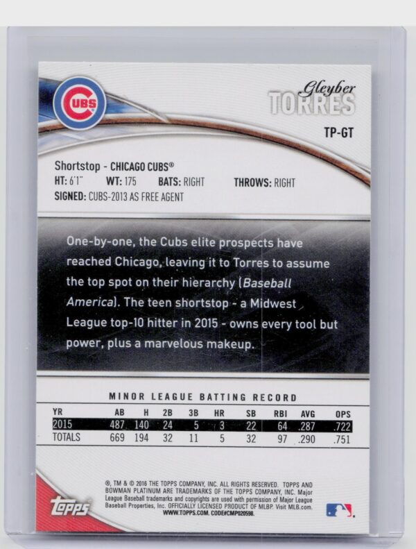 2016 Bowman Platinum Gleyber Torres #TP-GT Cubs Top Prospects - Image 3